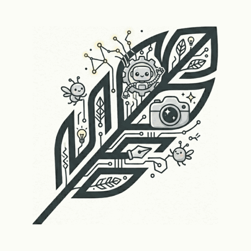 Single Feather logo — a feather drawn from circuit traces, a robot, a camera, and a pen nib